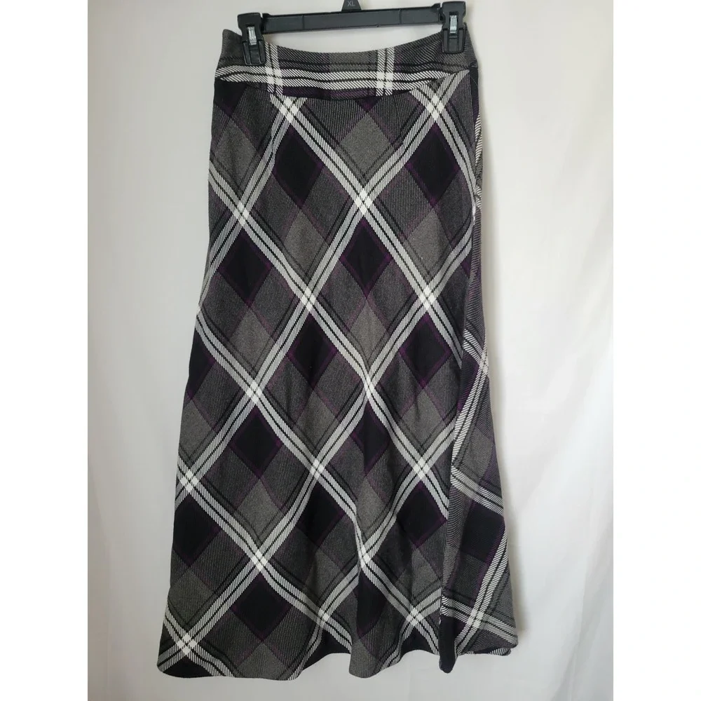 East 5th Women's Size 4 Plaid Midi‎ Skirt A-Line Grey Black Purple White Winter